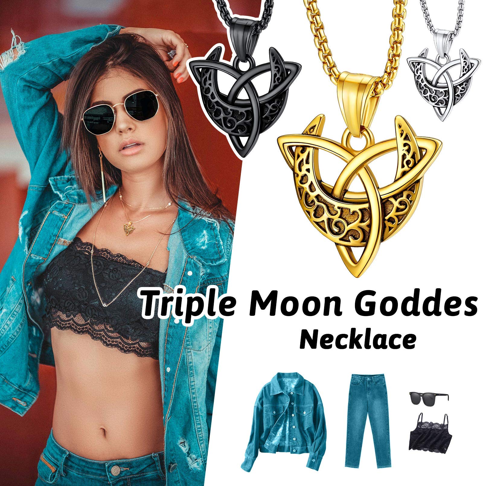 FaithHeart Triple Moon Goddess Necklace Stainless Steel/18K Gold Plated Wiccan Jewelry for Women with Delicate Packaging Personalized Custom