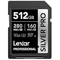 Lexar 512GB Professional SILVER PRO SDXC Memory Card, UHS-II, C10, U3, V60, Full-HD & 4K Video, Up To 280MB/s Read, for Professional Photographer, Videographer, Enthusiast (LSDSIPR512G-BNNNU)