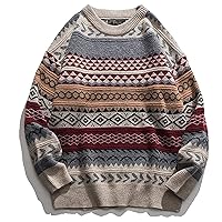 PEHMEA Men's Vintage Striped Sweater Oversized Crewneck Long Sleeve Knitted Pullover Jumper(WineRed-S)