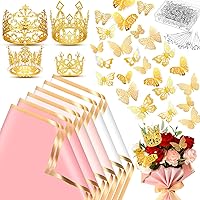 Estune Flower Bouquet Wrapping Paper 60 Sheets with 4 Gold Crowns 200 Flower Pins 48 Gold Butterflies for Women Valentine's Day Mother's Day Birthday Wedding Gift DIY Florist Supplies (Light Color)