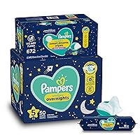 Overnight Diapers Size 5, 50 Count and Baby Wipes - Pampers Swaddlers Overnights Disposable Baby Diapers and Wipes, 12X Pop-Top (672 Count)