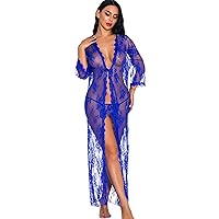 Andongnywell Long Lingerie for Women Sexy Lace Kimono Robe Gown Open Sheer Mesh Kimono Sleepwear See Through Cover Up