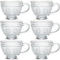 Kingrol Glass Coffee Mugs with Handles, 6 Pack 12.5 Ounces Embossed Tea Cups, Vintage Drinking Glassware for Water, Milk, Latte, Cappuccino, Dessert, Beverage