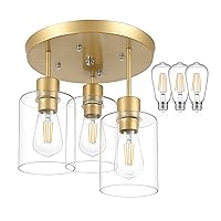 Semi Flush Mount Ceiling Light with Clear Glass Shade Brass Gold Finish 3 Light Kitchen Light Fixtures Hallway Light Fixtures Ceiling Industrial Light Fixtures for Entryway Foyer-Bulb Incl