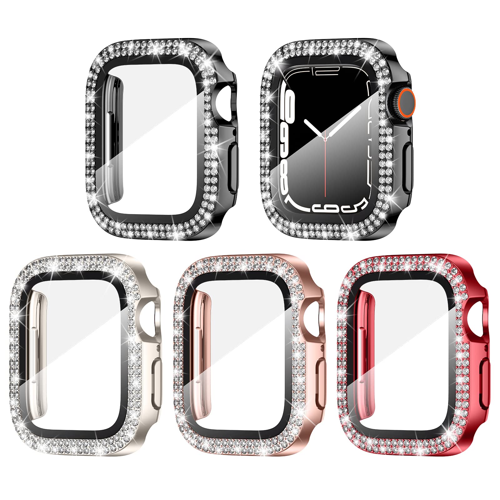 4 Pack Goton for Apple Watch Series 7 & 8 45mm Screen Protector Bling Case, Women Glitter Diamond Rhinestone Face Cover for iWatch Accessories 45mm Red Rose Gold Starlight Black