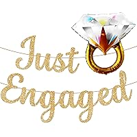 KatchOn, Glitter, Gold Just Engaged Banner with Cute Diamond Ring Balloon - Pack of 2 | Engagement Ring Balloons, Gold Engagement Party Decorations | Diamond Balloon for Wedding, Bridal Shower Decor