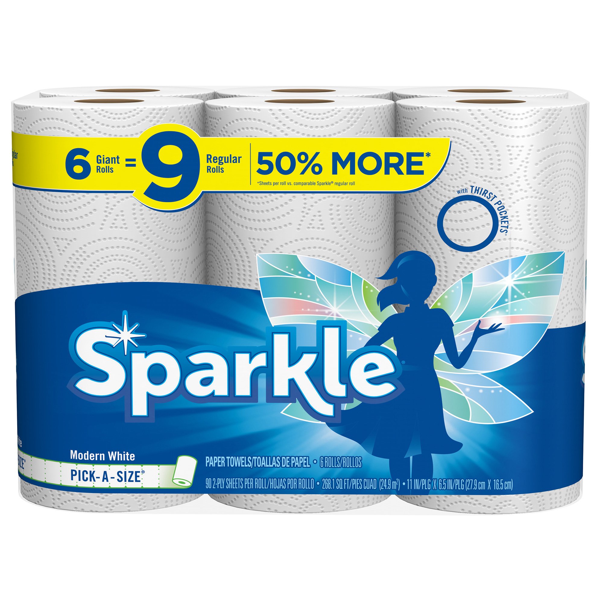 Sparkle Paper Towels, 6 Giant Rolls = 9 Regular Rolls, Pick-A-Size, White, 90 Sheets Per Roll