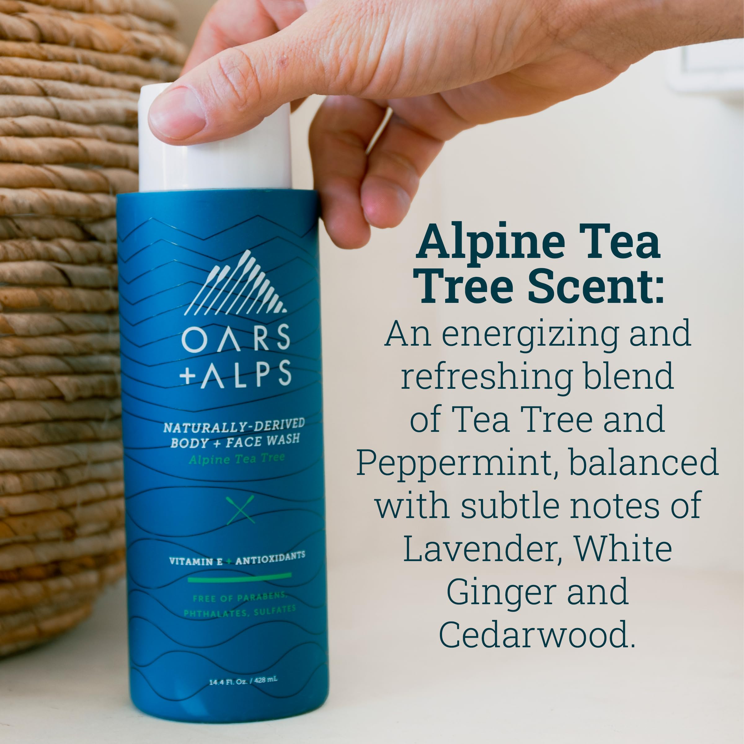 Oars + Alps Mens Moisturizing Body and Face Wash, Skin Care Infused with Vitamin E and Antioxidants, Sulfate Free, Alpine Tea Tree, 1 Pack