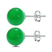 Pair of Solid Sterling Silver 8mm Natural Malay Jade Gemstone Ball Stud Earrings Studs With Butterfly Backs 925