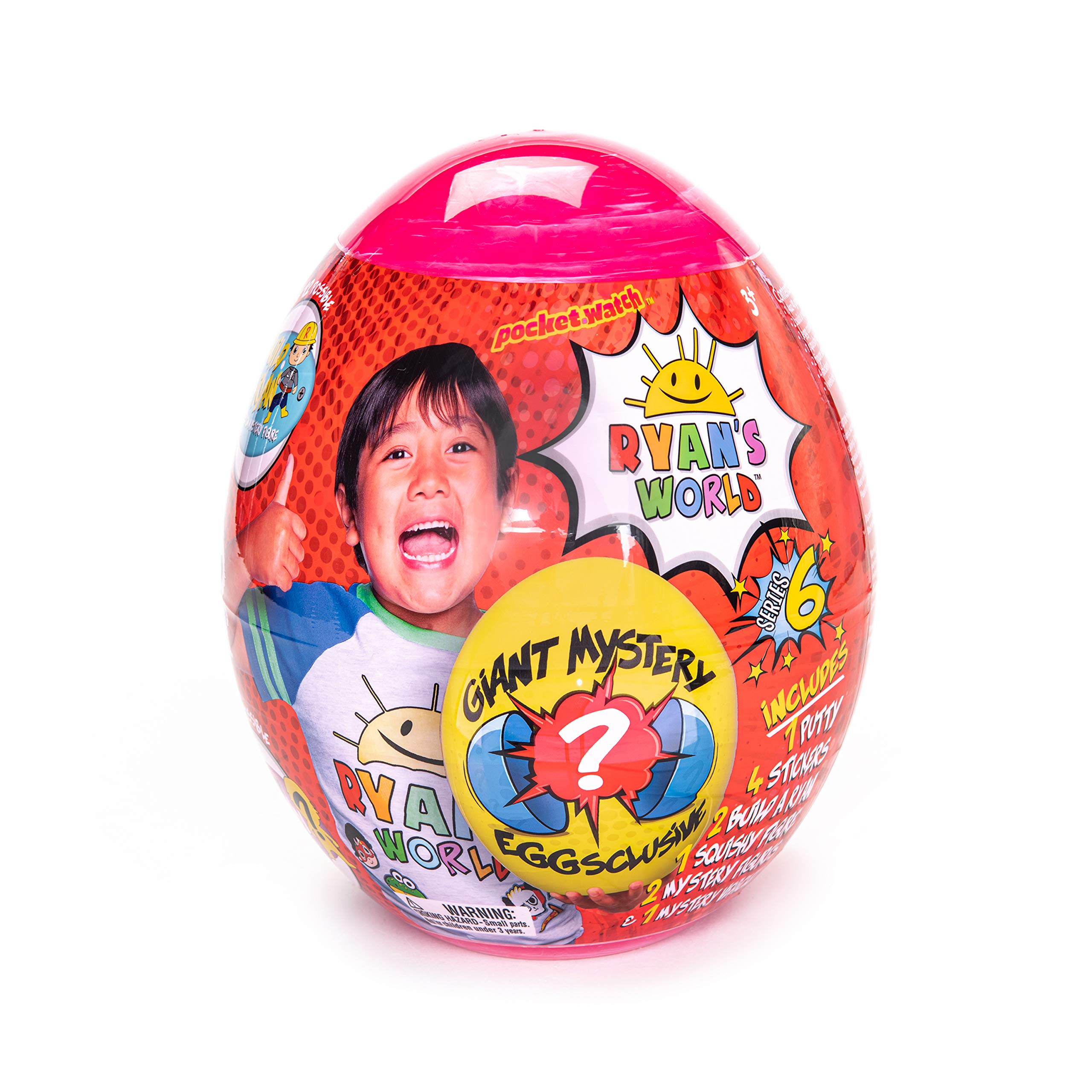 RYAN'S WORLD Giant Mystery Egg Series 6, Filled with Surprises, 1 of 3 Color Variety New Vehicles, 2 Ultra-Rare Figures, 2 Build-a-Ryan Figures, Special Putty, 1 Squishy and Stickers, Toy for Kids