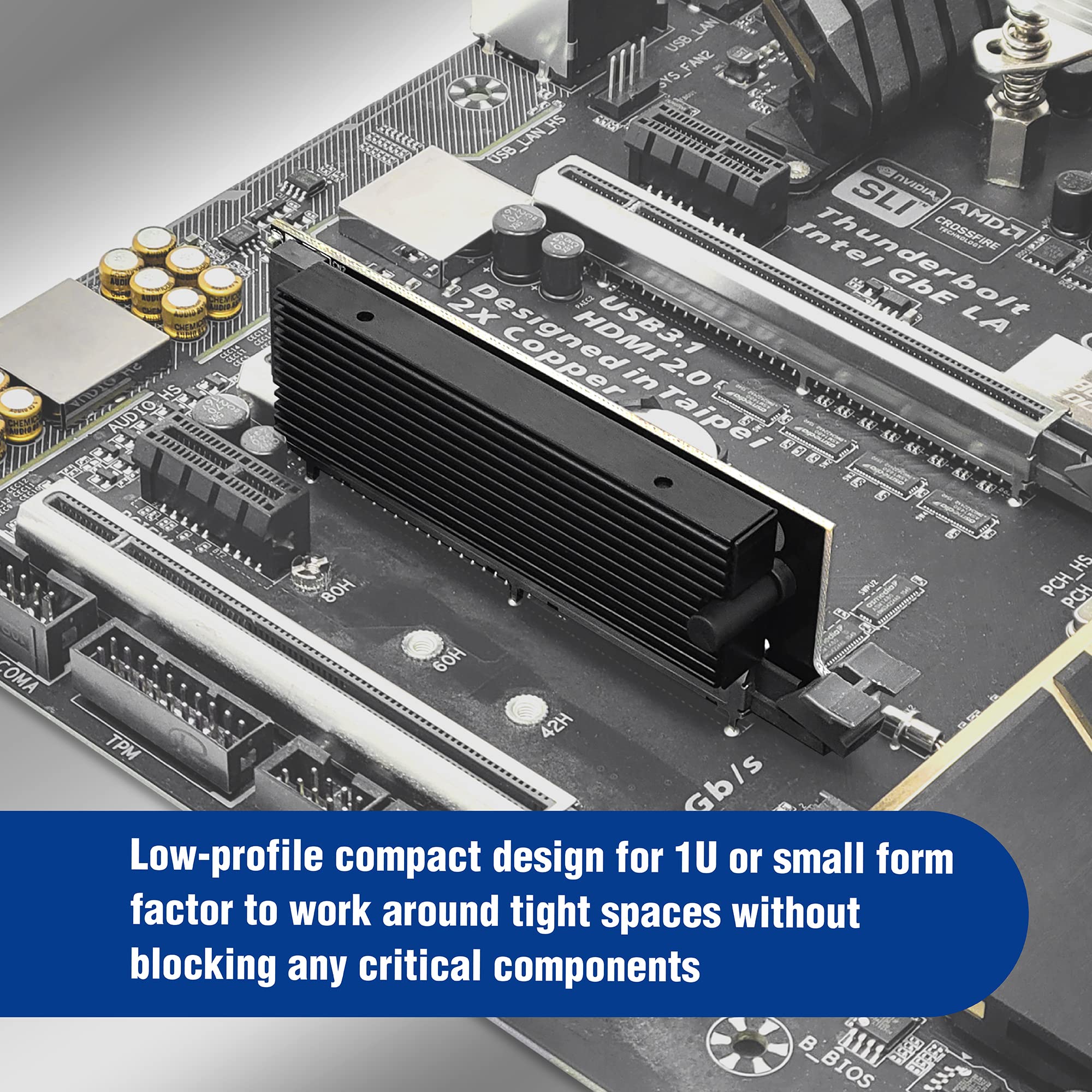 MICRO CONNECTORS Low-Profile M.2 NVMe SSD to PCIe 4.0 Adapter with Heat Sink for 1U PCIE-M21U40HS