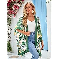 Women's Casual Jacket Fashion Beauty Tropical Print Batwing Sleeve Open Front Coat Unique Comfortable Charming Lovely (Color : Multicolor, Size : X-Large)