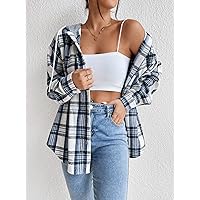 Women's Shirts Women's Tops Shirts for Women Plaid Print Drop Shoulder Drawstring Hooded Shirt (Color : Blue and White, Size : Large)