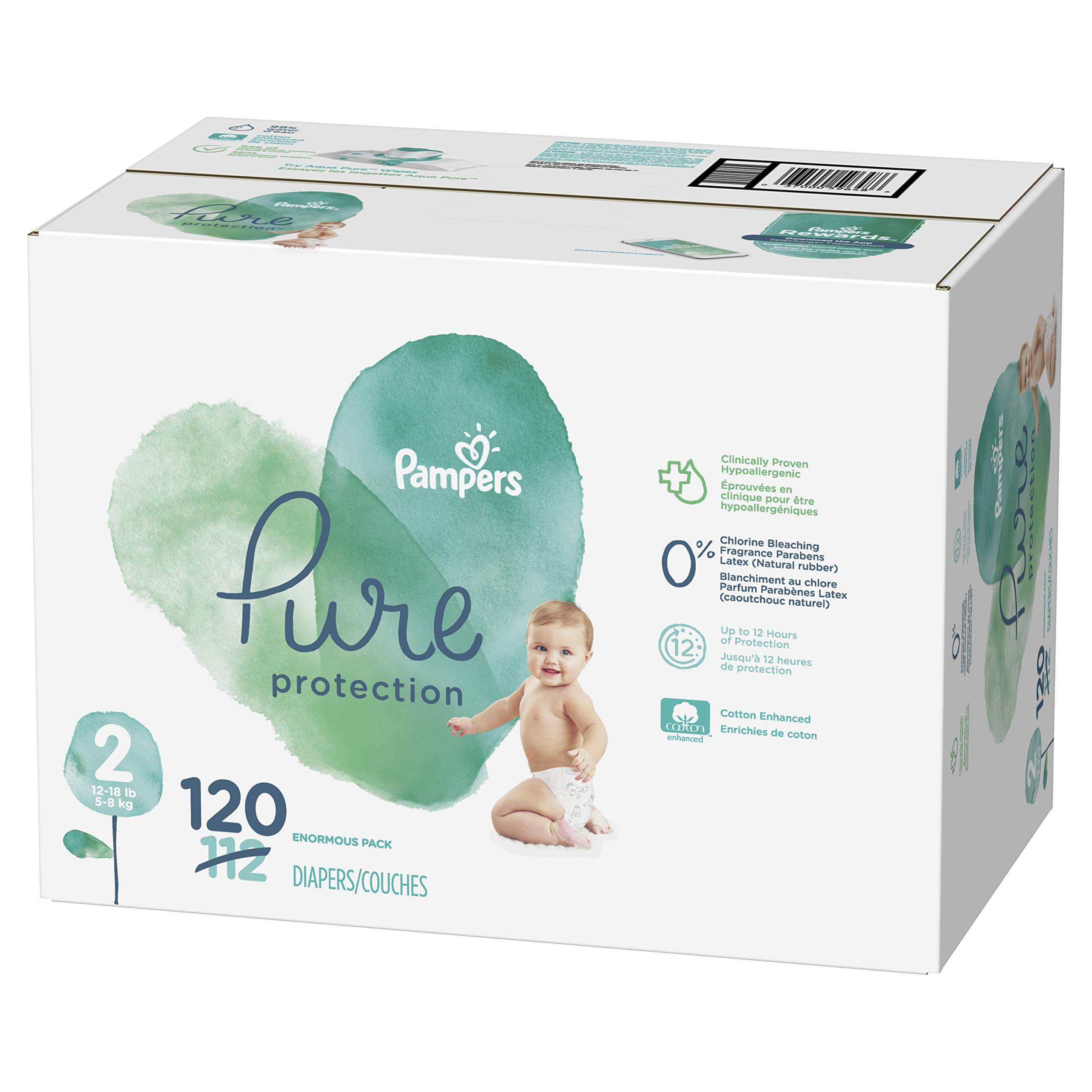 Diapers Size 2, 120 Count - Pampers Pure Protection Disposable Baby Diapers, Hypoallergenic and Unscented Protection, Enormous Pack (Packaging & Prints May Vary)