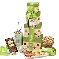 Broadway Basketeers Birthday Gift Basket Tower with Large 16oz. Insulated Gift Mug.Share Fun With Happy Birthday Gift Tower Filled with Chocolates, Sweets & Truffle Cocoa.Perfect for Mom,Dad & Friends