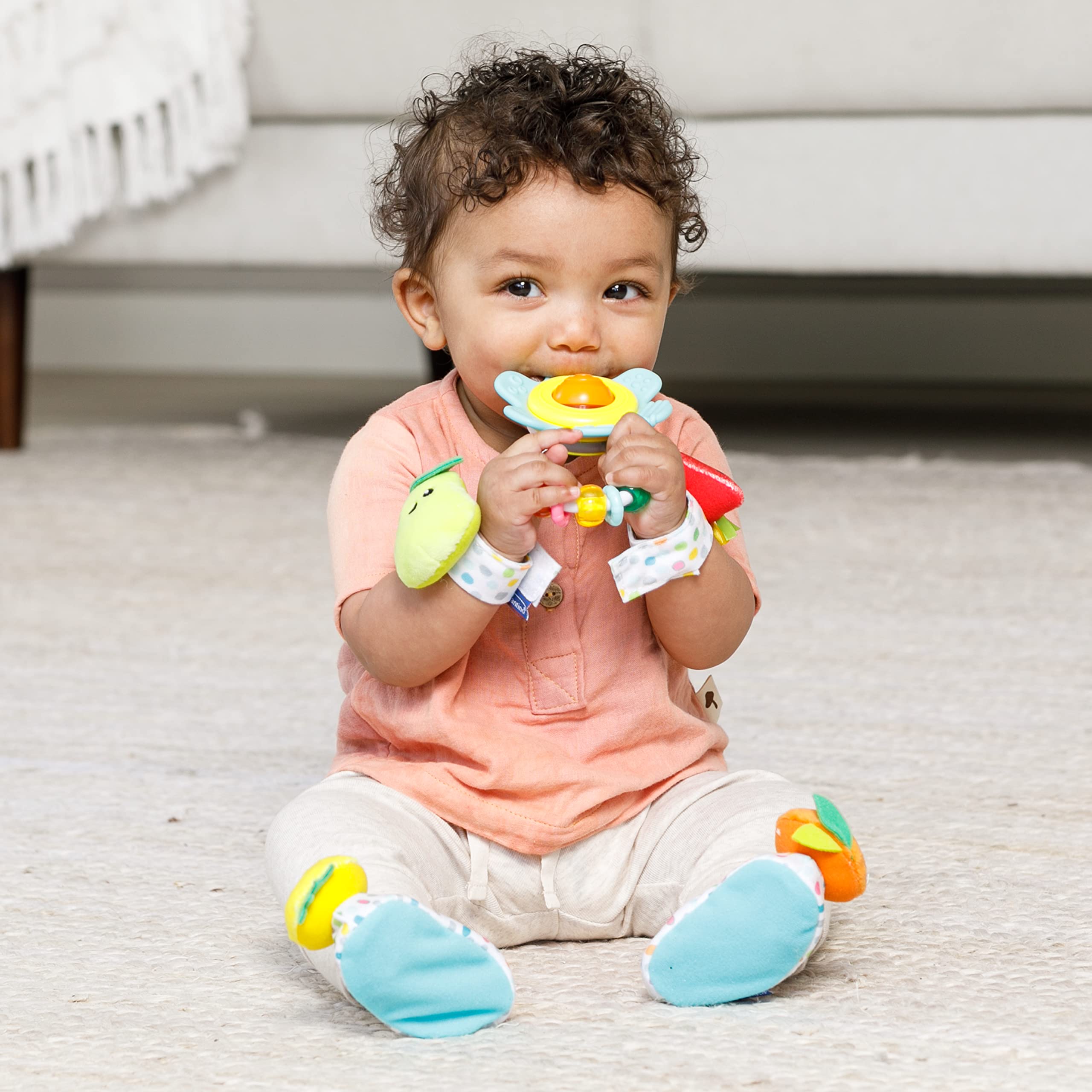 Infantino Baby's 1st Rattle Bundle Gift Set, Wrist Rattles, Foot Rattles, Spin & Teethe Gummy Rattle, Multicolor Fruit-Themed, 3-Piece Value Set for Babies 0M+