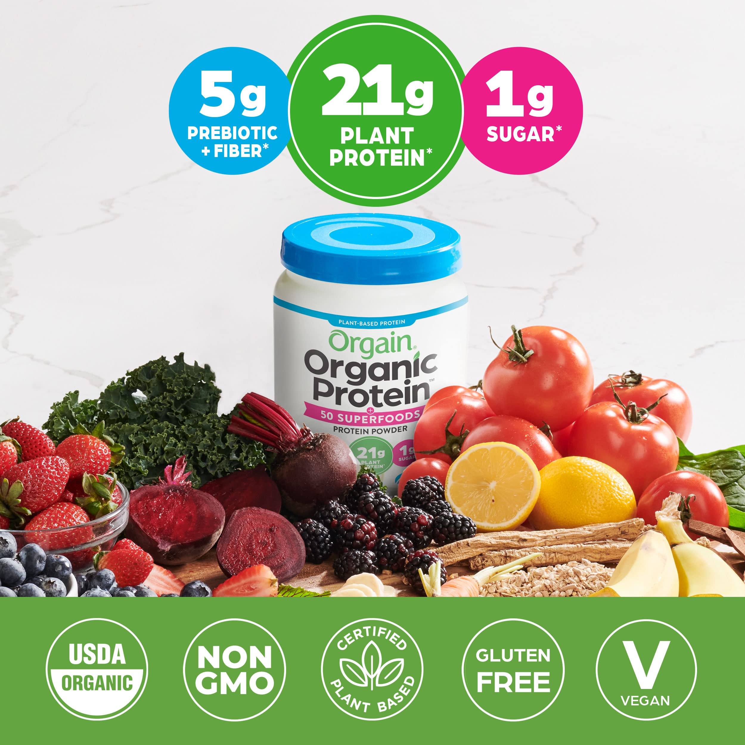 Orgain Organic Protein + Superfoods Powder, Vanilla Bean - 21g of Protein, Vegan, Plant Based, 5g of Fiber, No Dairy, Gluten, Soy or Added Sugar, Non-GMO, 1.12lb