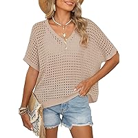 Dokotoo Womens Summer V Neck Short Sleeve Button Down Sweater Casual Crochet Hollow Out Knit Tops Beach Coverup