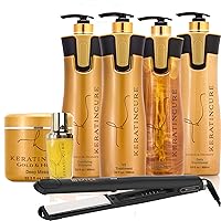 Keratin Cure Blow Out Hair Smoothing Treatment Kit Gold & Honey V2 CREME - Tratamiento Brasilera de Keratina Alisado (32 Oz 7 Piece Kit)