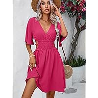 Dresses for Women - Surplice Neck Cut Out Waist Butterfly Sleeve Dress (Color : Hot Pink, Size : X-Large)