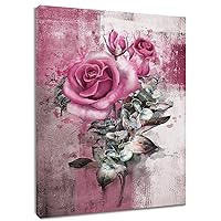 LB Country Pink Floral Wall Art for Bathroom Rose Flower with Green Leaf Canvas Wall Art Wall Paintings Home Decor Geometric Wall Pictures for Living Room Bedroom Office Ready To Hang,16x24 Inch