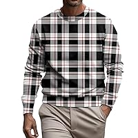 Mens Crewneck Sweatshirts,Plaid Crewneck Sweatshirt Long Sleeve Lightweight Sweatshirt Casual Workout Pullover Shirt