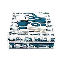 Camco Life is Better at The Campsite Queen-Size Bed Sheets | Set Includes (1) Fitted, (1) Flat Sheet and (2) Pillow Cases | Blue RV Print (53298)