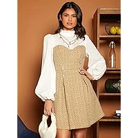 Women's Dress Frilled Neck Buttoned Front Tweed 2 in 1 Dress Dress for Women (Color : Multicolor, Size : X-Small)