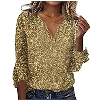Sequins Tops for Women,Fashion 3/4 Sleeve Sparkle Print Womens V Neck T Shirts Casual Loose Women's Dressy Tops