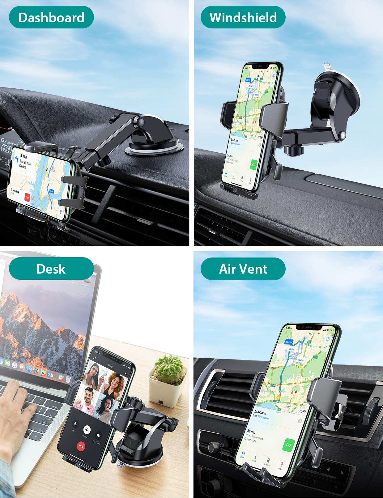 VICSEED Auto Lock Phone Mount for Car [Super Strong Suction & No fall] Car Phone Holder Mount Adjustable Long Arm Hands Free Cell Phone Holder Car Windshield Dashboard Vent for All Phones & Thick Case