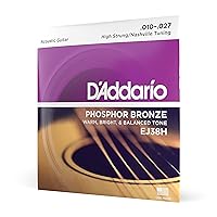 D'Addario Guitar Strings - Phosphor Bronze Acoustic Guitar Strings - EJ38H - Rich, Full Tonal Spectrum - For 6 String Guitars - 10-27 High Strung/Nashville Tuning