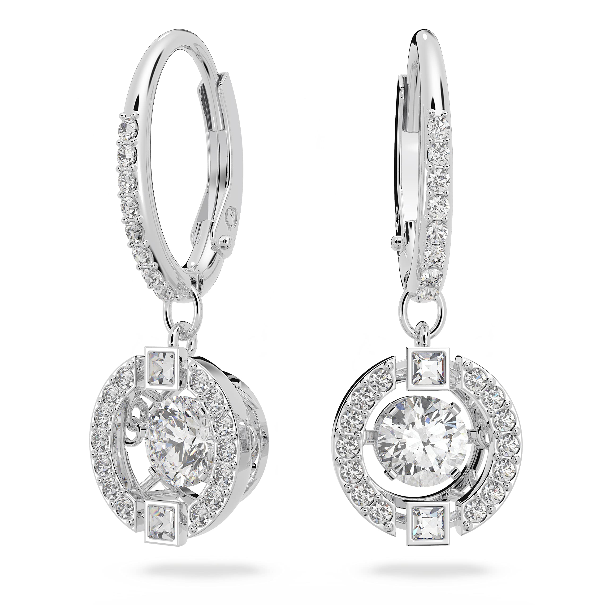 Swarovski Sparkling Dance Drop Pierced Earrings with Crystal Pavé Surrounding a Round, White Floating Stone on a Rhodium Plated Setting