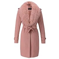 Bellivera Women Faux Leather Trench Coat Fleece-Lined Mid-length Jacket with Detachable Fur Collar