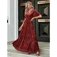 Fall Dresses for Women 2023 Floral Print Flutter Sleeve Ruffle Hem Dress Dresses for Women (Color : Red, Size : Small)