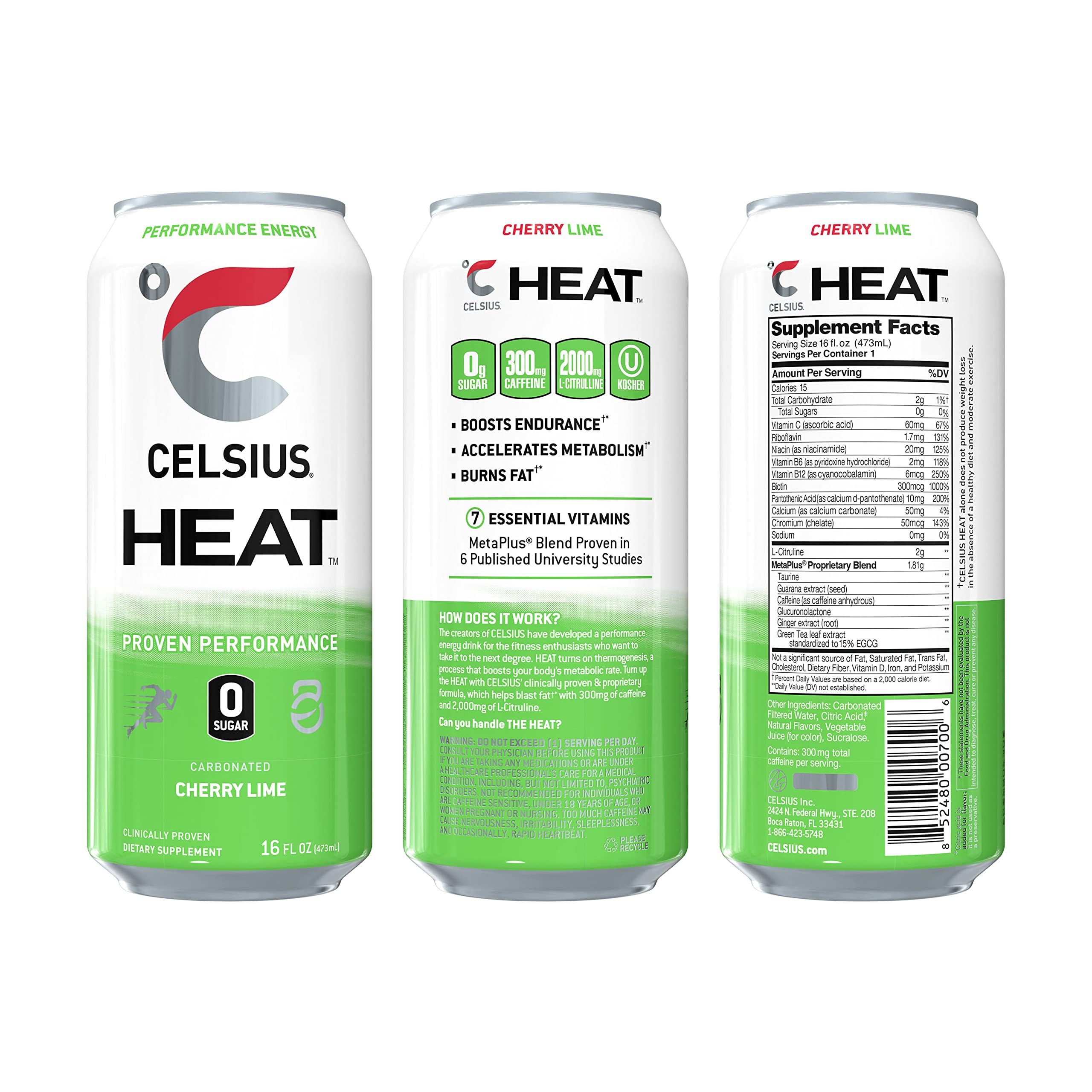 CELSIUS HEAT Performance Energy Drink, Cherry Lime, 16 Fl Oz (Pack of 12)