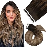 Moresoo Hair Tape in Extensions Balayage Dark Brown to Brown Mix with Blonde Human Hair Extensions Tape in Real Human Hair Ombre Tape in Hair Extensions Human Hair 18 Inch #4/10/16 10pcs 25g