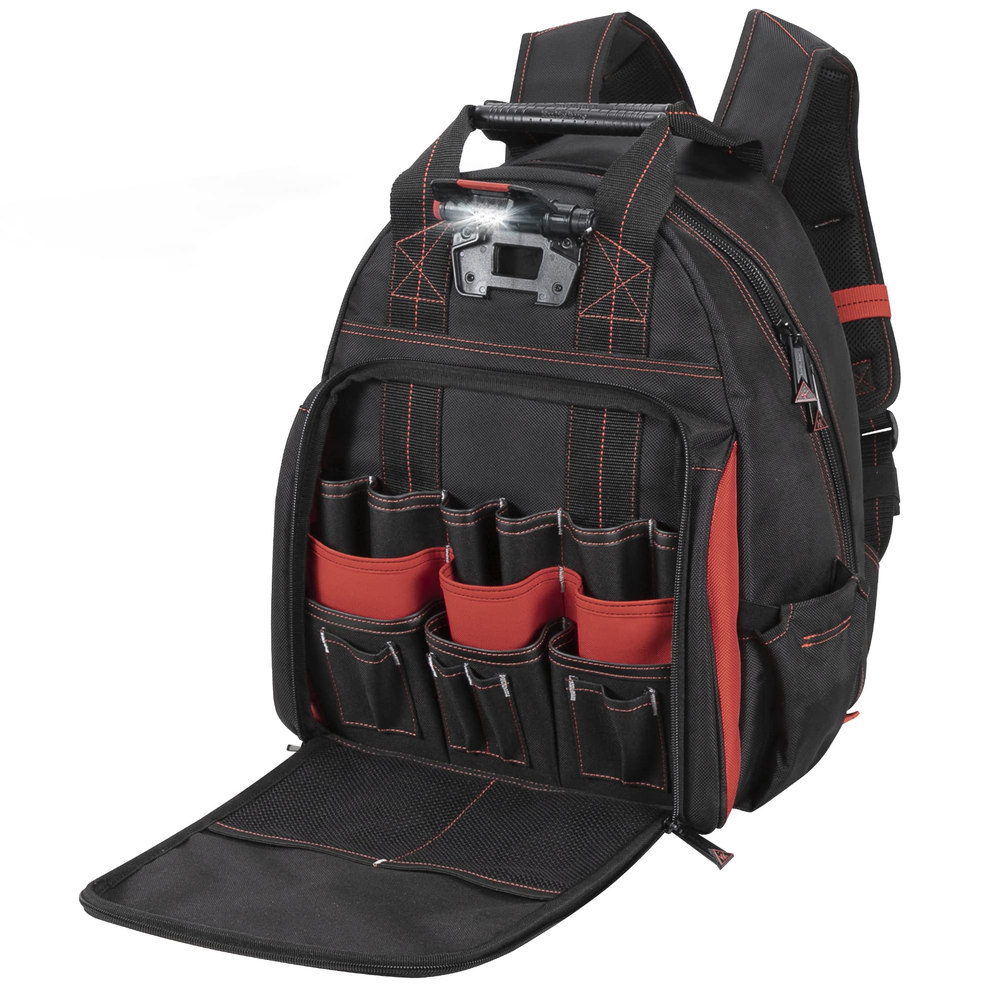 Hultafors Work Gear HTL523 Lighted Tool Backpack, 50 Pockets, Heavy Duty Ballistic Polyester Tool Carrier, Adjustable Swivel Light, Power Tool Strap, Tablet/Laptop Pocket