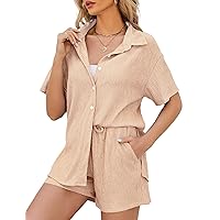 Flygo Womens 2 Piece Casual Outfits Summer Pleated Short Sleeve Top and Set Button Down Shirt Y2K