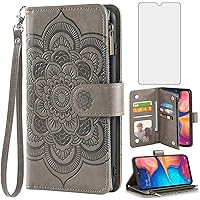 Asuwish Compatible with Samsung Galaxy A20 A30 Wallet Case and Tempered Glass Screen Protector Flower Flip Card Holder Stand Cell Phone Cover for Glaxay M10s A 20 30 Gaxaly 20A SM A205G Women Men Grey