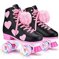 Women's and Girl's Classic Roller Skates with Light up Wheels and Love Heart Pattern, High-top PU Leather Rollerskates…