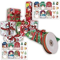 Christmas Wrapping Paper Set, Gift Wrap Set, Christmas Ribbons for Gift, 12 Gift Tags, With Christmas tree, Santa Claus, Christmas Stockings, Snowflakes, Reindeer and Other Patterns