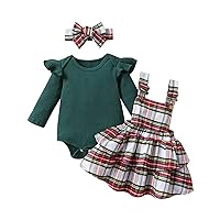 Toddler Baby Girl Christmas Outfits Ribbed Rompers Ruffles Plaid Suspender Skirt Headband Fall Winter Clothes