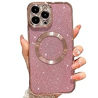 MGQILING Compatible with iPhone 13 Pro Max Magnetic Glitter Case, Luxury Plating Cute Bling Clear Phone Case, Compatible with MagSafe for Women Girls with Camera Protector Back Cover - Pink