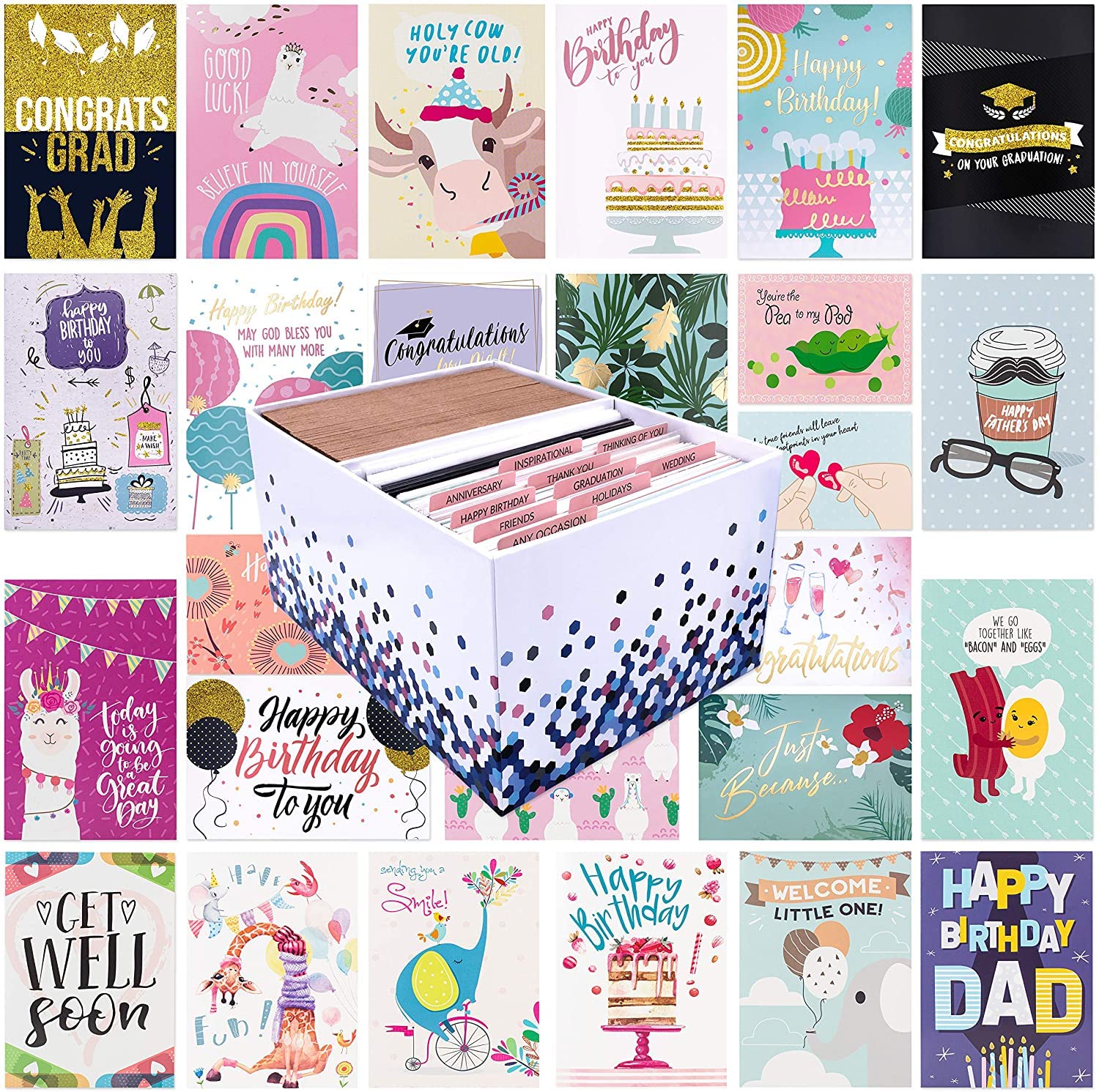 100 All Occasion Greeting Cards- 100 Eye Catching Designs with Greeting Card Organizer Box- Friendship Cards, Anniversary Cards, BFF Cards, Thanks Cards, Wedding Cards & More- 4 x 6 with 100 Envelopes