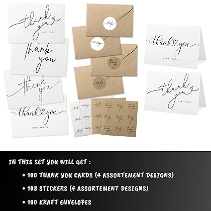 Layneria 100 Bulk Thank You Cards with Kraft Envelopes and stickers - 4 Minimalistic Designs Blank Thank You Notes with Envelopes for business Wedding Bridal Gift Baby Shower Business Graduation