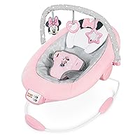Bright Starts Disney Baby MINNIE MOUSE Comfy Baby Bouncer Soothing Vibrations Infant Seat - Music, Removable -Toy Bar, 0-6 Months Up to 20 lbs (Rosy Skies)