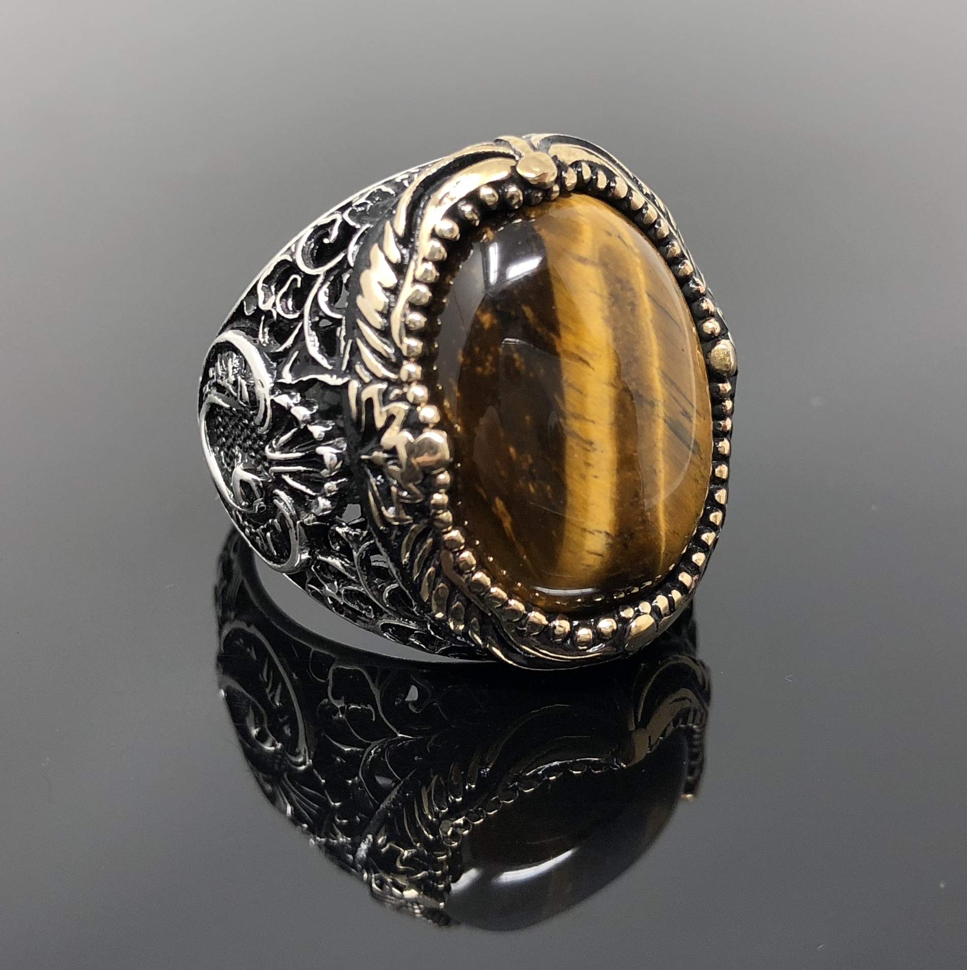 KAR 925K Stamped Sterling Silver Men Natural Tiger Eye Ring I1B