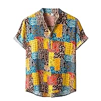 Men's Cotton Linen Shirts Short Sleeve Summer Floral Button Down Hawaiian Shirt Vintage Boho Casual Beach Tops