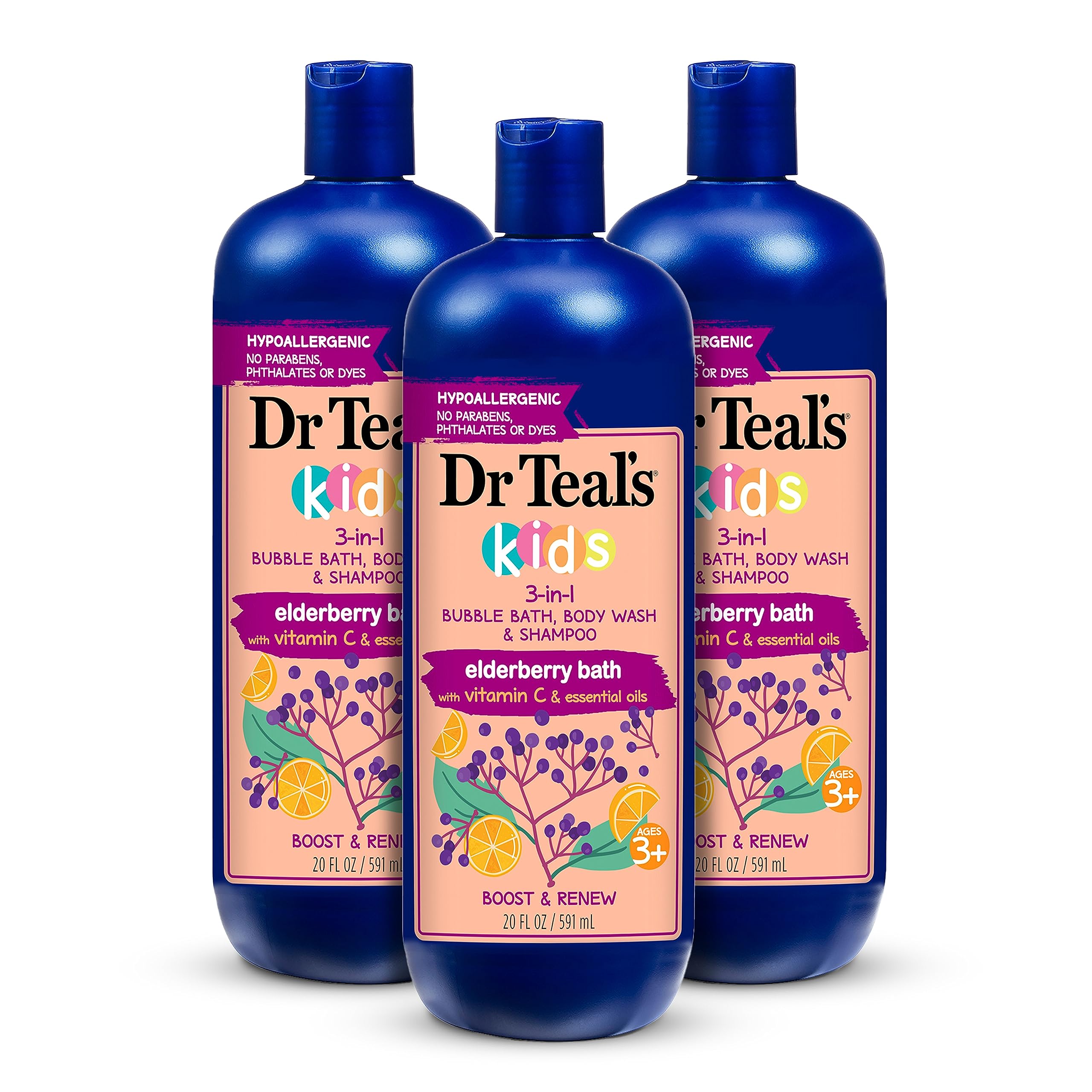 Dr Teal's Kids 3-in-1 Bubble Bath, Body Wash & Shampoo, Boost & Renew Elderberry with Vitamin C, 20 fl oz. (Pack of 3)