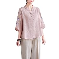 Women's V Neck Cotton Linen Embroidery Tunic Long Tops Button Down Blouse